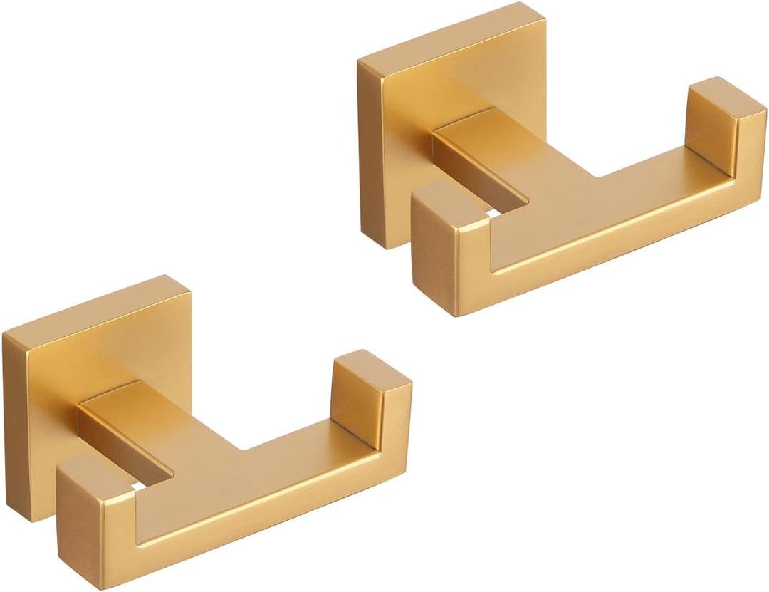 GERZWY Bathroom Double Towel Hook Gold Stainless Steel Wall Mounted Coat/Robe Clothes Hook for Bath Kitchen 2 Pack AG1417B-BE