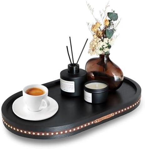 Wooden Decorative Tray for Coffee Table, Black Beaded Oval Tray Home Decor
15.8x10in Large Serving Tray, Farmhouse Centerpiece Decor Tray for Coffee Table Living Room Kitchen Counter Entryway Console