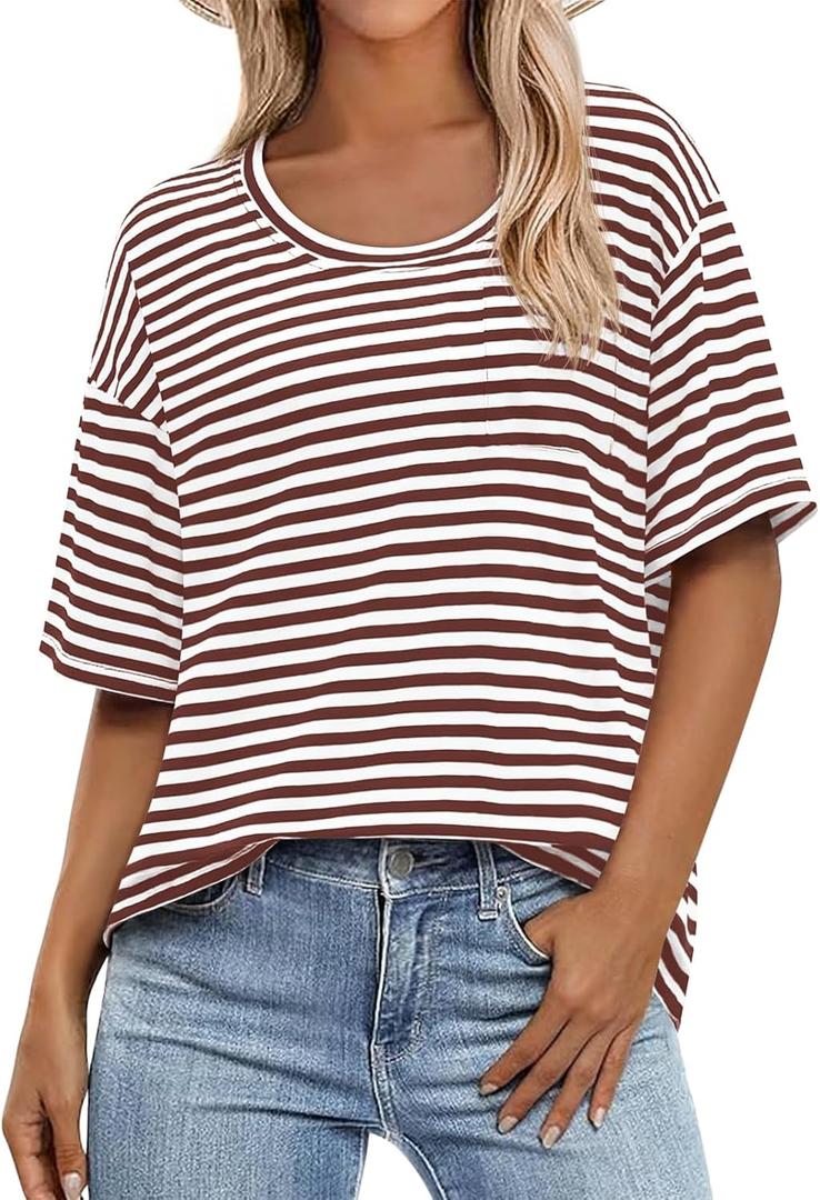 Womens Short Sleeve Striped Shirts Summer Casual Scoop Neck Oversized Tshirts Color Block Basic Tee (Small, White and Brown)