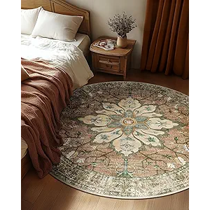 Area Rugs 5ft Washable Non-Slip, Floral Vintage Distress Print Pattern Medallion Carpet for Living Room Bedroom Dining Room, Brick Red Rust Neutral Brown Burnt Orange Green