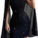 Women's Sexy Glitter Mini Dress Mock Neck Cloak Sleeve Cocktail Shimmering Elegant Dresses Wedding Guest Party Evening (XXL)
