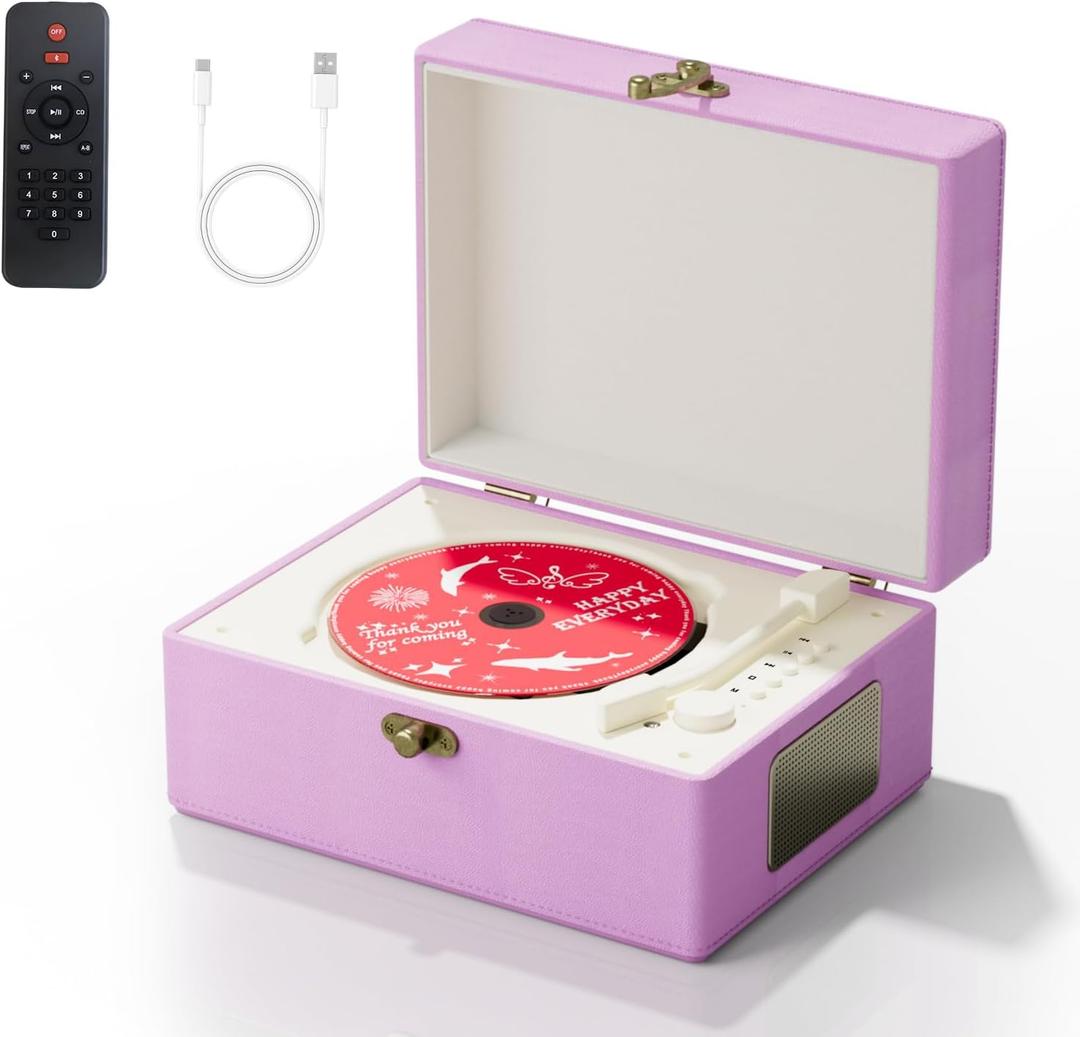 Rechargeable Leather CD Player with Speakers; Bluetooth Transmitter; Festival Gift; BGM Player for Home Dcor (Purple)