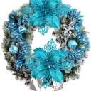 24 Pcs Christmas Teal Blue Glittered Mesh Holly Leaf Artificial Poinsettia Flowers Picks Tree Ornaments 5.9" W for Teal Blue Christmas Tree Wreath Garland Floral Gift Winter Wedding Holiday Decoration