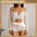 Chunky Western Belts for Woman, Boho Leather Belt with Big Buckle, Cowgirl Hip Fashion Accessory for Dresses (White-classic Style With Gold Buckle, M: Fit Waist Size 31"-36")