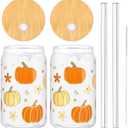 Whaline 2 Pack Fall Drinking Glasses 16oz Pumpkin Flower Star Glass Cup Orange Apricot Pumpkin Iced Coffee Cup with Lid Straw for Autumn Thanksgiving Cocktail Whiskey Beer Soda
