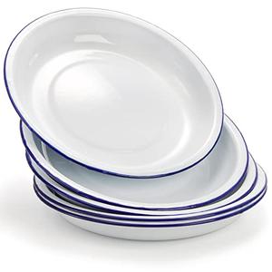 Dicunoy Set of 4 Enamel Plates, 9.5" Unbreakable Enamelware Dinner Serving Platter Trays, Retro White Round Shallow Bowls with Blue Rim for Pasta, Salad, Camping, Outdoor, Picnic, BBQ