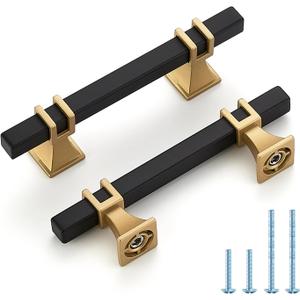 25 Pack 3 inch Black & Gold Cabinet Handles Square Zinc-Alloy Pulls for Kitchen Dresser Closet and Bathroom Cabinets Hardware