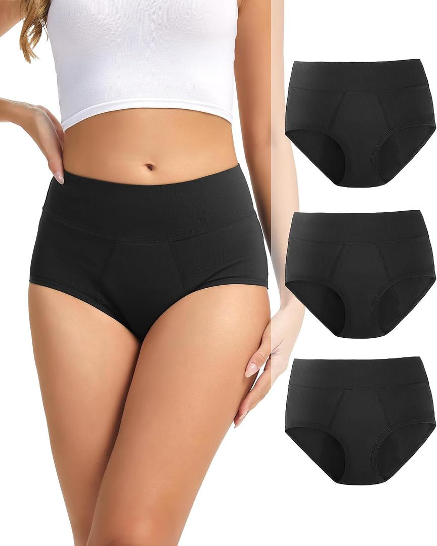 Period Underwear for Women Heavy Flow 60ml - High Waist Long Staple Combed Cotton Leak Proof Menstrual Panties 3 Pack (Black, S)