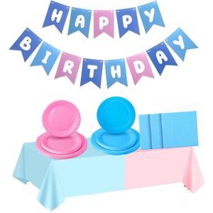 Blue and Pink Party Birthday Supplies, Colorful Party Tableware with Happy Birthday Banner, Tablecloth, Disposable 7" and 9" Paper Plates with Napkins for Fans Party Supplies Decorations
