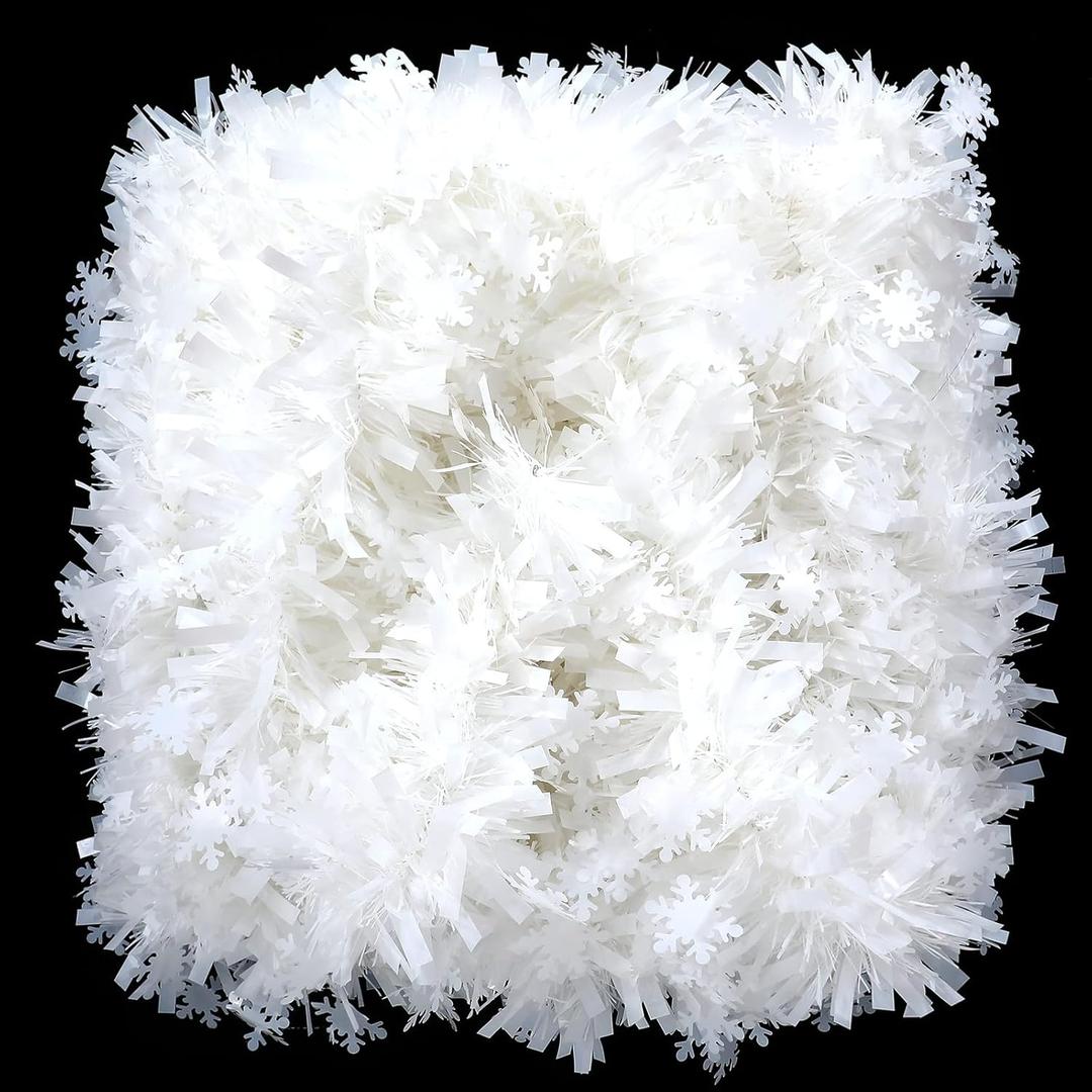 Dingion 50 ft White Tinsel Garland White Garland for Christmas Tree Fluffy Twist Ornaments for Winter Holiday Indoor Home Decorations, (Snowy)