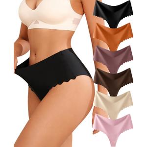 ALL OF SHE Thongs for Womens High Waisted Seamless Underwear for Women 6 Pack Wave Edge No Show Sexy Panties (M)