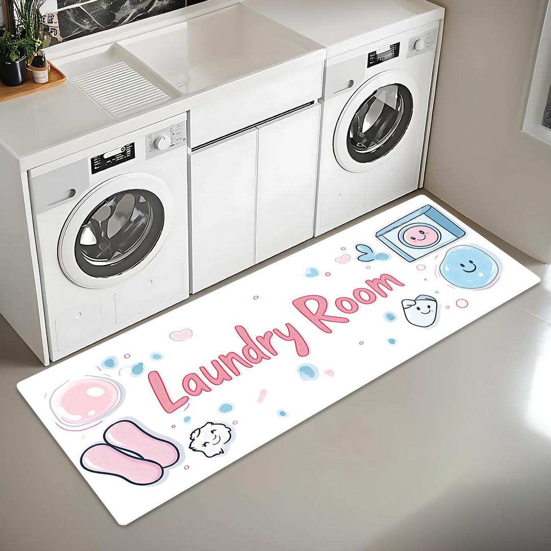 THISFIND Laundry Room Runner Rug 20x47 inch,Non-Slip Waterproof Floor Mat,Farmhouse Kitchen Floor Mat for Mudroom and Bathroom (White, 20"x47")