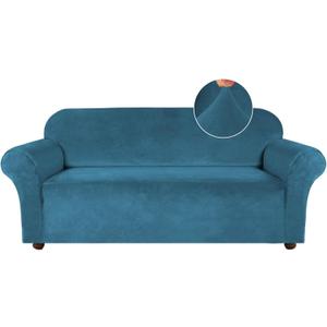 Turquoize Velvet Couch Covers Sofa Covers for 3 Cushion Couch Stretch Sofa Slipcovers with Non Slip Elastic Bottom Furniture Protector for Pets Crafted from Thick Velvet Fabric (Sofa, Peacock Blue)
