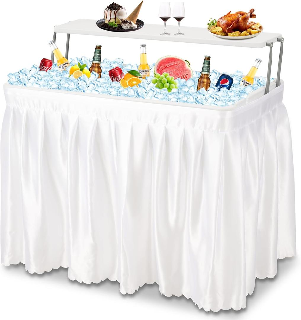 Dragosum Outdoor Ice Cooler Table with Drain and Shelf, Folding Table with Matching Skirt, Portable Table Coolers 4 Foot for Party BBQ Camping Wedding (Two-layers Version, White)