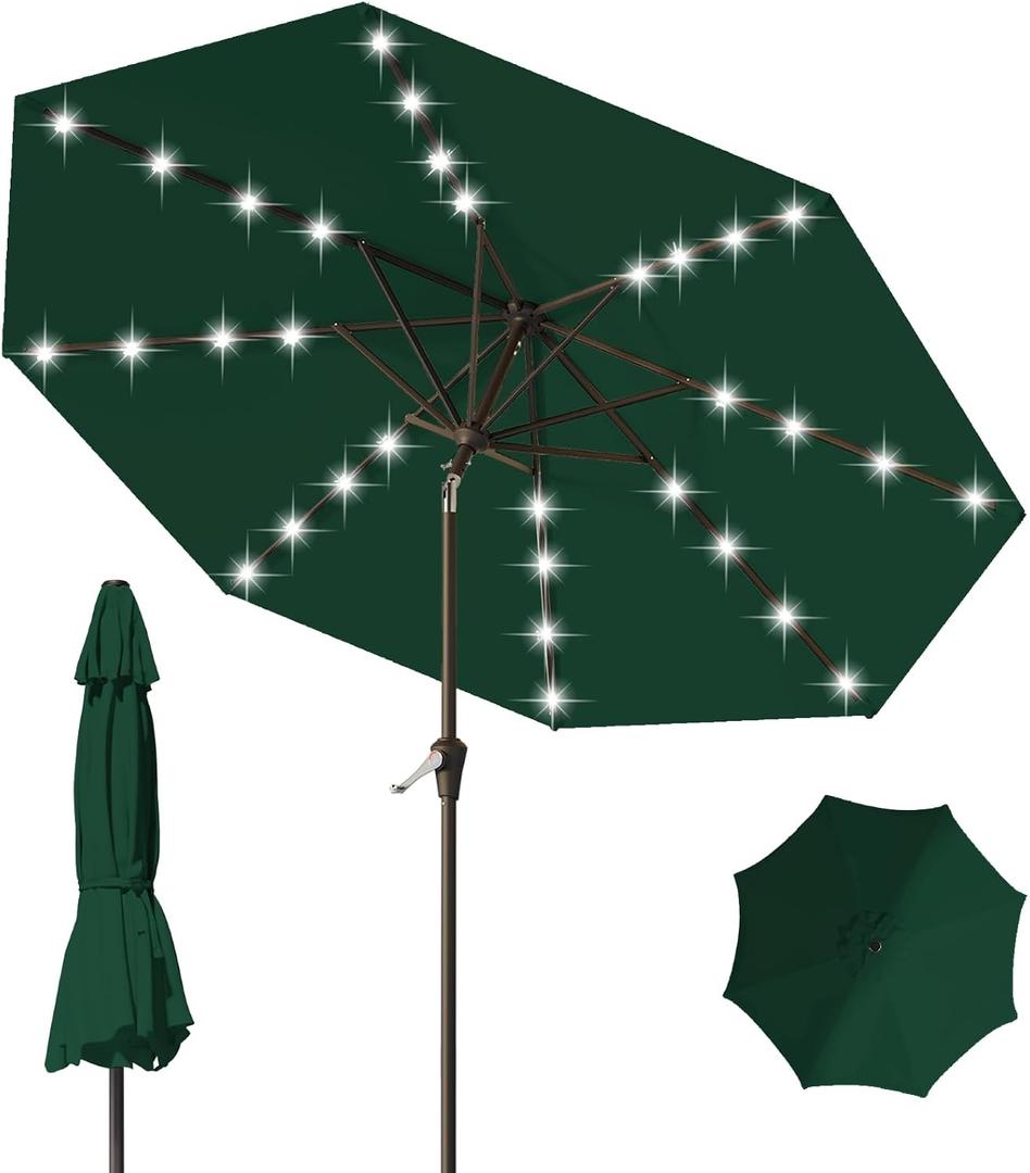 9FT Patio Umbrella with Solar Lights,Outdoor Market Umbrella with Tilt and Crank, LED Lighted Table Umbrella for Garden,Deck,Backyard,Pool,Beach (Dark Green)