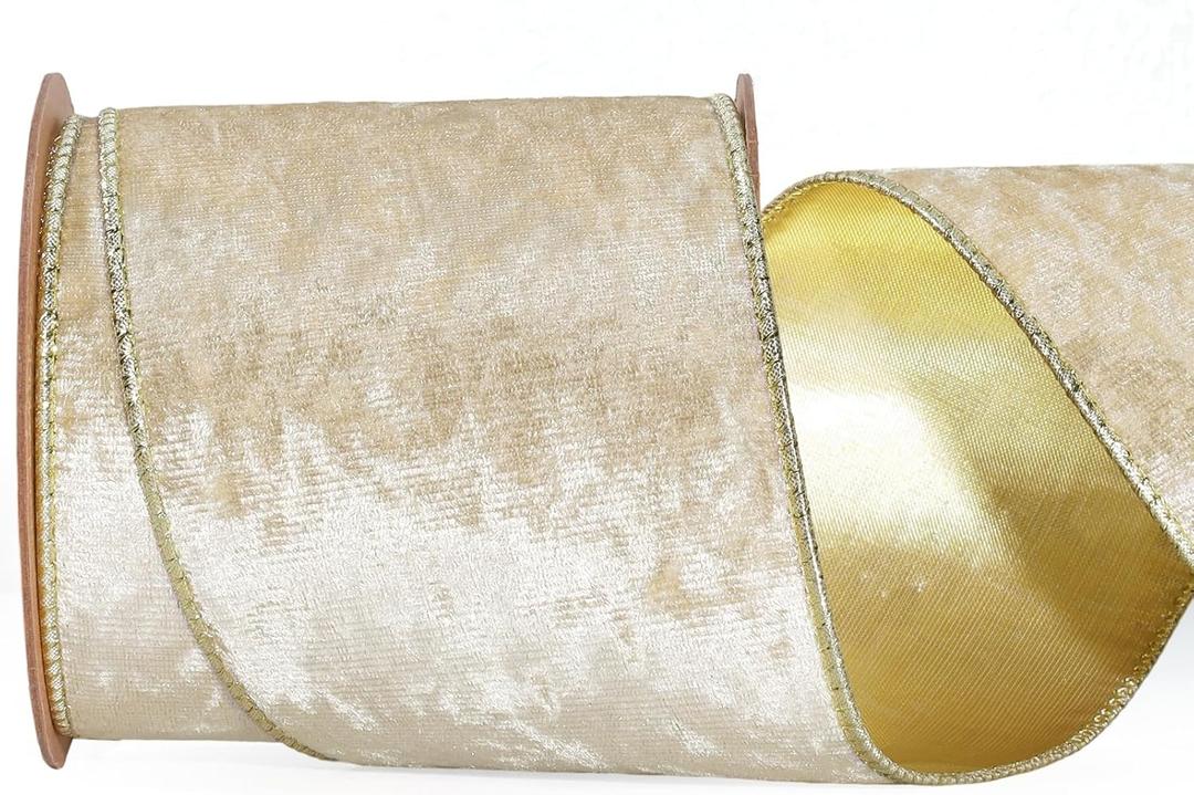 LaRibbons Champagne Velvet Wired Ribbon, Luxury Christmas Ribbon for Gift Wrapping, Tree, Wreath Bows, Outdoor and Holiday Decor  4 Inch x 10 Yards