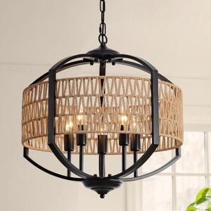 5-Light Rattan Chandelier 19.7" Modern Farmhouse Chandelier for Dining Room, Boho Hand-Woven Rattan Pendant Light with Natural Wicker Shade for Living Room Kitchen Island Bedroom Foyer (Round "V" Weave)