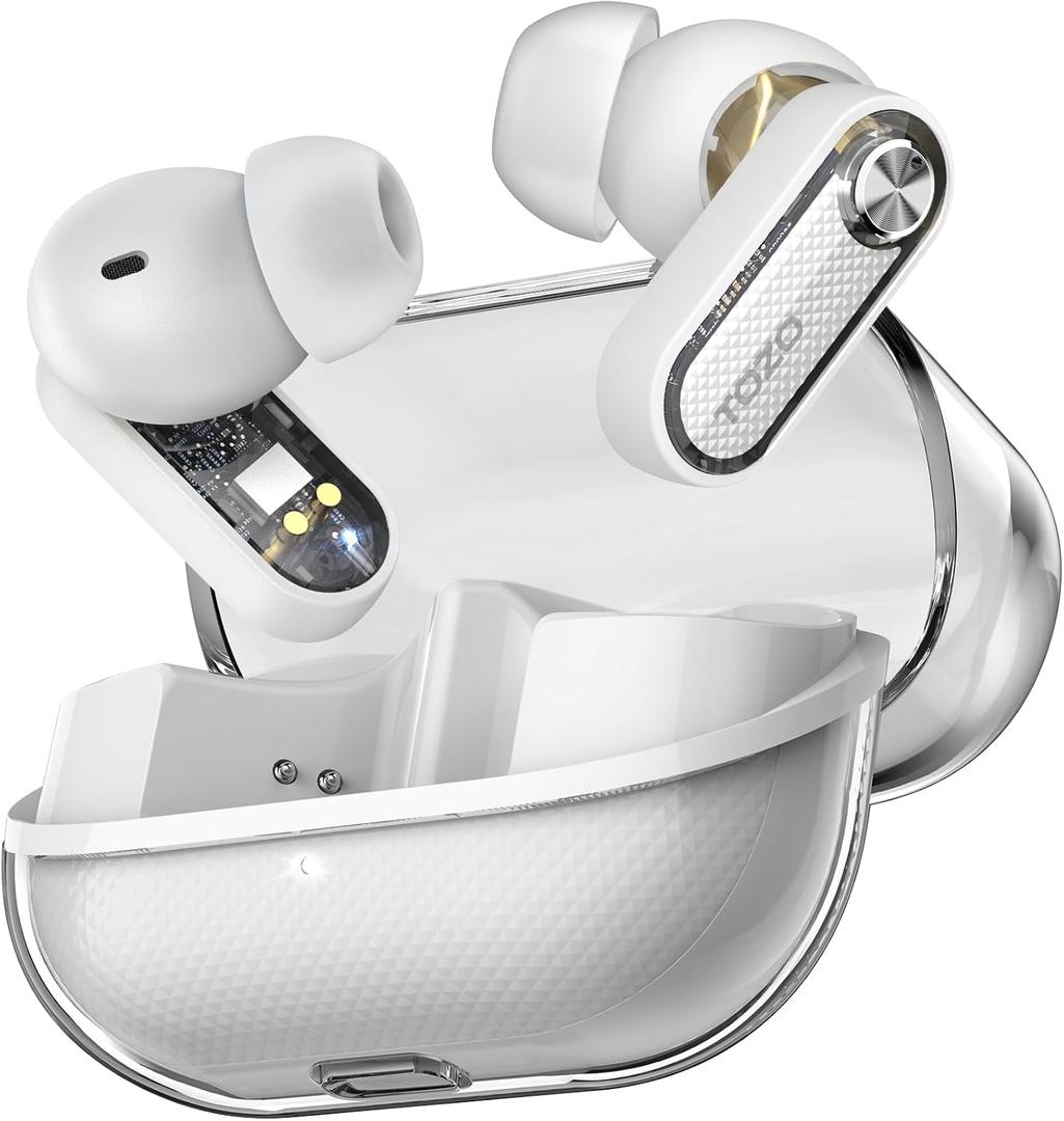 TOZO Hybrid Active Noise Cancelling Wireless Earbuds, Bluetooth 5.4 Headphones, 10mm Drivers Deep Bass Stereo Sound, 4 Mics ENC AI Clear Calls, 32 EQ Customization via App, Crystal Case Design (White)