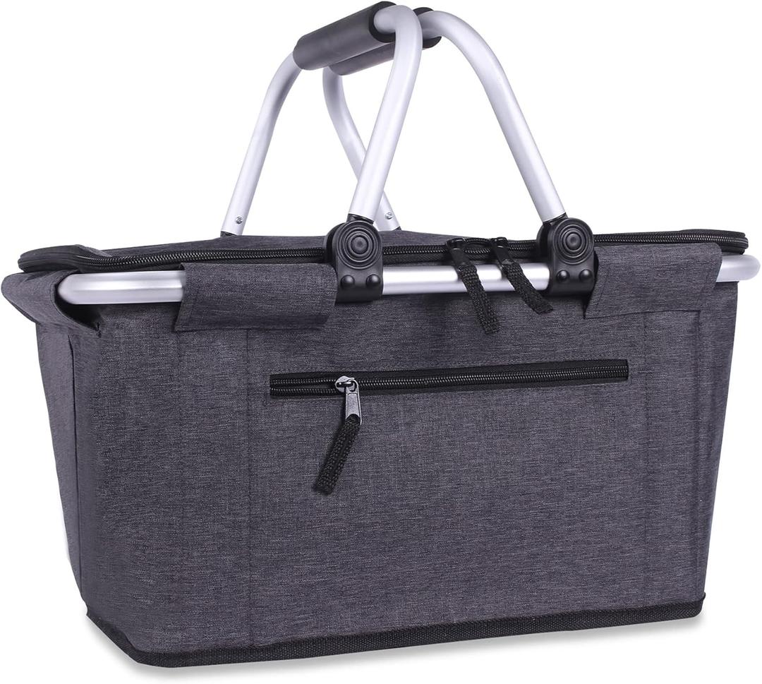 Picnic Basket, SIYUAN Collapsible Market Basket Insulted Cooler with Handles 27L Large Farmers Grocery Basket with Lid Portable Tote Bag, Black