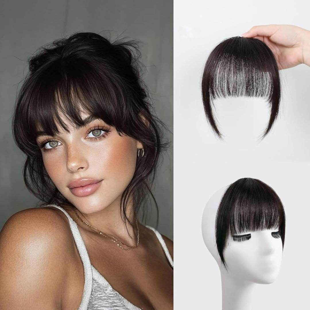 Clip in Bangs 100% Real Human Hair Extensions Invisible Fake Curtain Curved French Fringe Bang with Temples Faux Natural Clips on Hairpieces for Women Girls Party Daily Use Black Brown