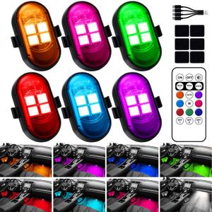 Upgraded Wireless LED Lights for Car, Rechargeable Interior Car Lights with 8 Colors Brightness Adjustable, 12H Battery Life, Remote Control, Mini Strobe Lights for Vehicle Motorcycle Bike Decor (6pcs)
