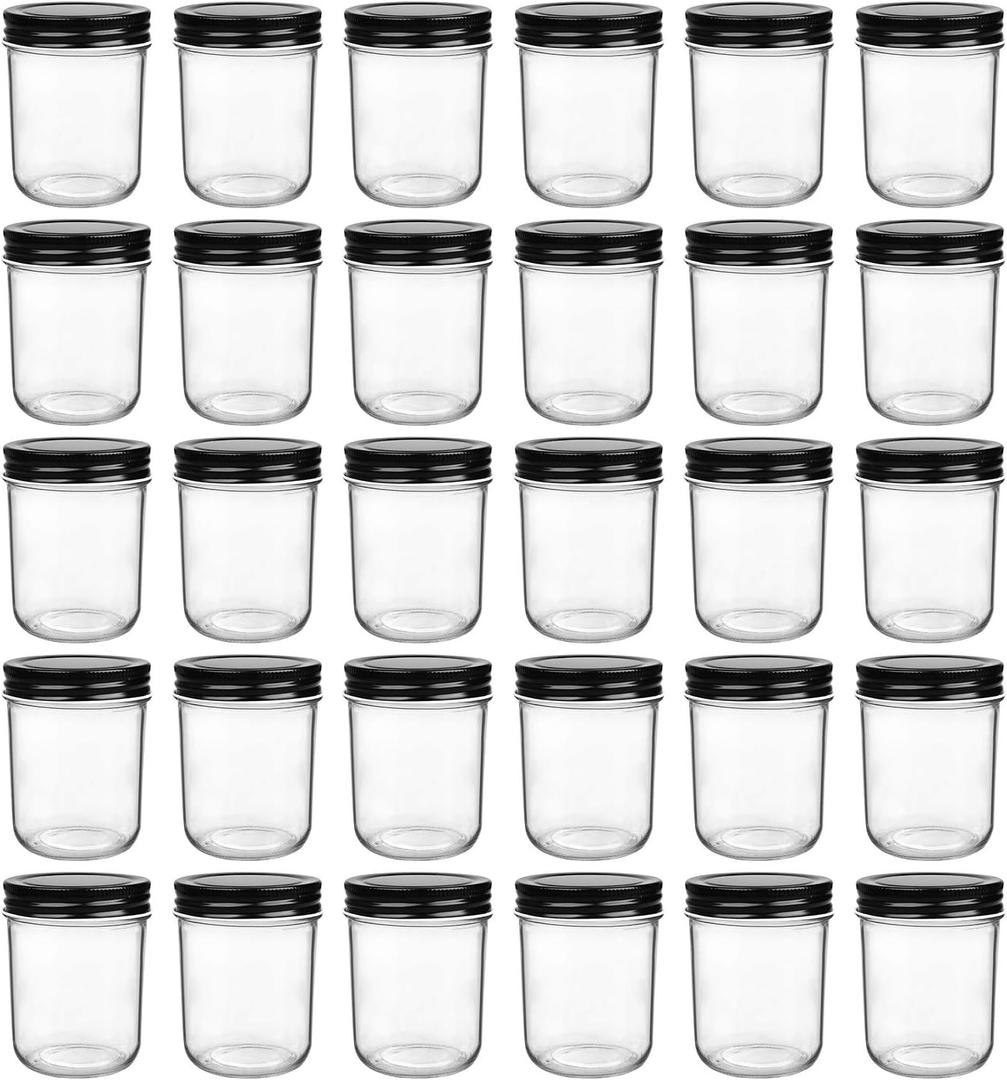 QAPPDA 6oz Glass Jars With Lids,Small Mason Jars Wide Mouth,Mini Canning Jars With Black Lids,Kitchen Storage Jars For Honey,Jam,Jelly,Baby Foods,Wedding Favor,Shower Favors,Spice Jars Set of 30