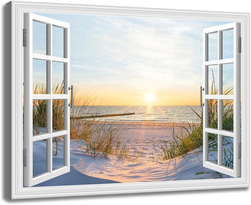 Beach Sunset Picture Wall Art Fake Open Window Ocean Natural Scene on Canvas Prints for Yellow Home Decor 36 x 24