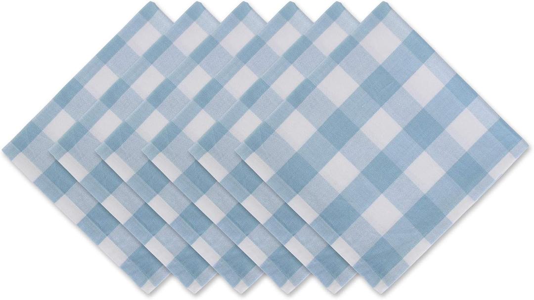 DII Buffalo Check Collection, Classic Farmhouse Cloth Napkin Set, 20x20, Light Blue & White, 6 Piece