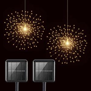 2 Pack Solar Starburst Sphere Lights,200 LED Firework Light 8 Modes Dimmable Waterproof Hanging Fairy Light, Copper Wire Lights for Tents Patio Parties Christmas-NO Remote (Warm White)