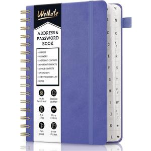 WEMATE Spiral Address Book with Alphabetical Tabs, Leather Password Book, Address Organizer Telephone Notebook Journal Keep Contact Safe Hardcover Large Print for Seniors Home Office 5.88.2, Purple