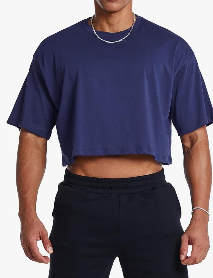 Ouber Men's Short Sleeve Crew Crop T Shirts Cotton Muscle Bodybuilding Shirts Size M