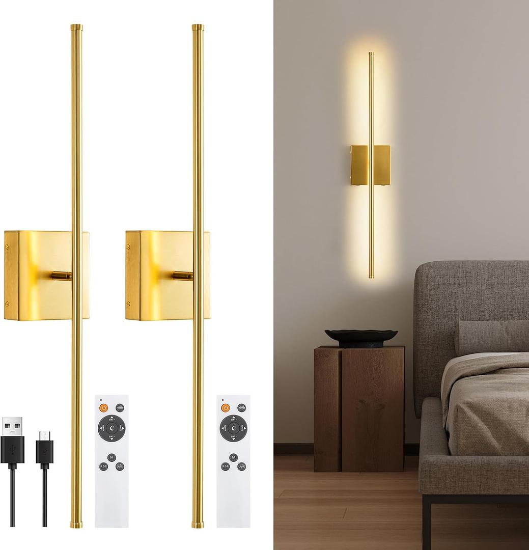 Battery Operated Wall Sconces Set of Two Wireless with Remote Control,350Rotate,3000K-6000K Gold Modern LED Rechargeable Indoor Wall Lights for Living Room, Bedroom, Stairs,27.5 Inch (2 Pack)