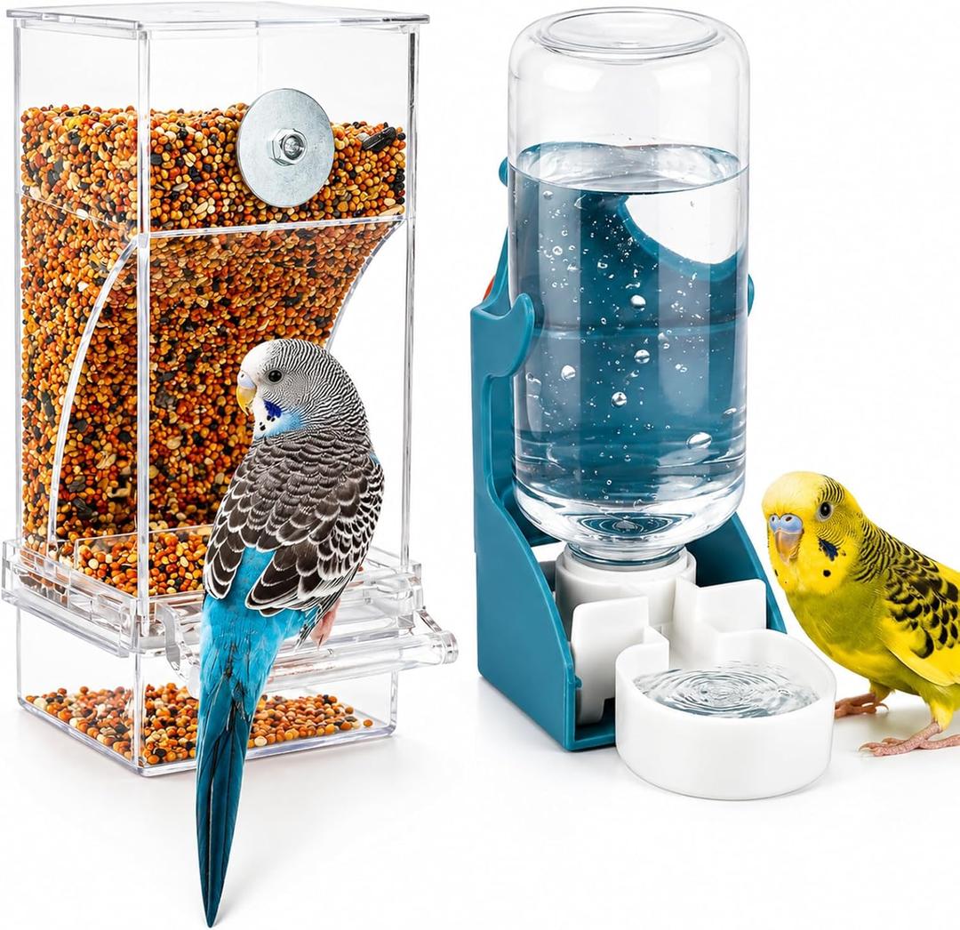 Rypet No Mess Bird Water Feeder Dispenser Set Automatic Bird Feeder Transparent Food Container Cage Acrylic Parrot Feeders Accessories for Small Birds Parrot Cockatoo Canary