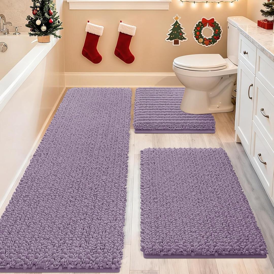 ACCUMTEK Upgrade Extra Large Lavender Bathroom Rug Set 3 Pieces Ultra Soft, Thick Absorbent Bath Mats, Non Slip Chenille Toilet Mat for Bathroom, Bedroom, Kitchen (4'1'8"+ 2'x1'5"+ U Shape 1'8"x2')
