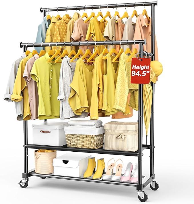 Double Rod Clothing Rack Heavy Duty with Oxford and Mesh Bottom Shelves, Garment Racks for Hanging Clothes, Portable Wardrobe Rack, Metal Clothes Rack Sturdy Coat Rack for Bedroom Laundry Living Room