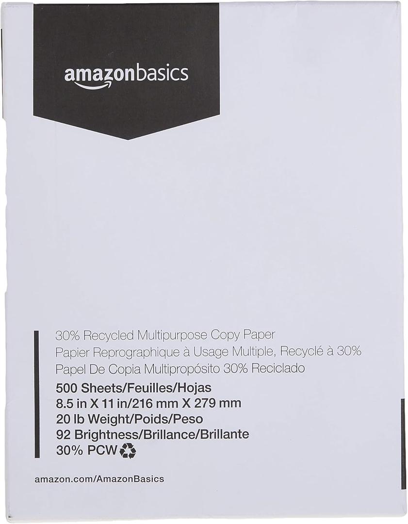 Amazon Basics 30% Recycled Multipurpose Copy & Print Paper, 8.5 x 11 Inches, 20 lb Weight, 92 Bright, White, 500 Sheets (1 Ream)