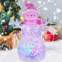 Snowman Christmas Decoration LED Lighted Snowman Figurines with 6H Timer 3 AAA Battery Operated Christmas Acrylic Snowman Decorations for Indoor Holiday Tabletop Decorations Gifts (Pink Hat)