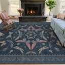 Blue 5x8 Washable Living Room Rugs - Stain Resistant Non Slip Insect Rug for Dining Room, Low Pile & Soft Carpet for Bedroom, Dark Vintage Décor Indoor, Non Skid with Rubber Backing
