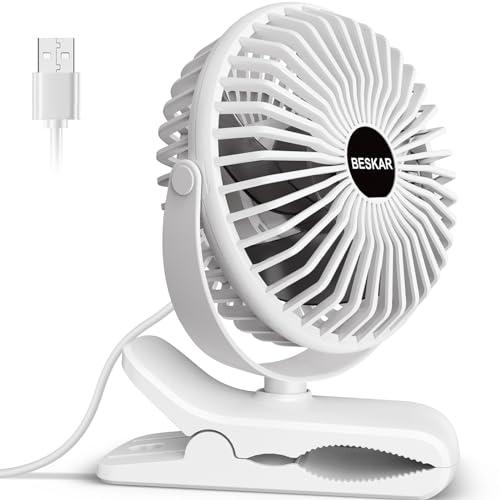 BESKAR Clip on Fan, 360° Rotation Quiet Stroller Fan with Strong Airflow,3 Speeds, Portable Small Fan with Sturdy Clamp,Perfect Personal Cooling Fan for Office Table Bedroom Kitchen, white