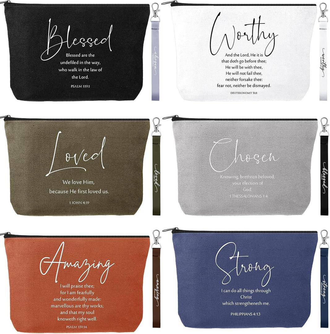 Huhumy 12 Pcs Christian Gifts for Women Makeup Cosmetic Bags Religious Bible Verse Lanyard Keychain for Church Godmother(Neutral Colors,English Bible Word)