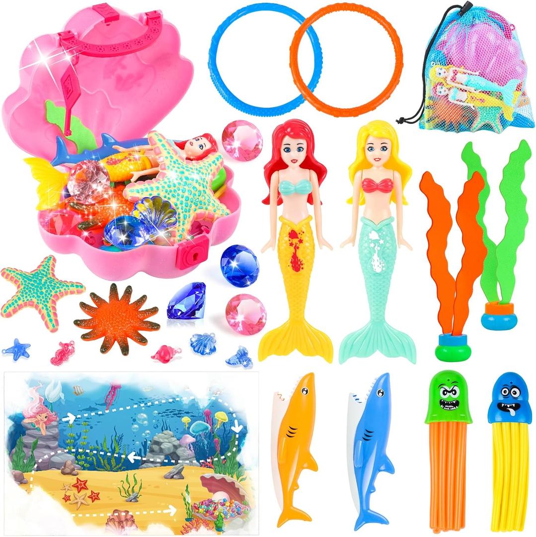 HUUIDY Pool Toys, Swim Diving Toys for Kids Set with Upgraded Shell Treasure Chest, Pool Mermaid with Storage Bag Pool Game Summer Beach Water Birthday Party Gift(Shell Box)