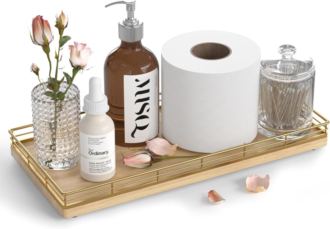 Oak Bathroom Toilet Tank Tray, 13" Wood Back of Toilet Paper Storage Tank Topper Basket, Vanity Tray for Perfume Makeup Candle Toiletry Organizer for Kitchen Coffee Table Natural Tray Decor (13" x 6.5" x 1.5")