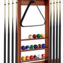 Goplus Pool Cue Rack, Wall Mounted Billiard Stick Holder, Made of Solid Pine Wood, Holds 8 Cues & Full Ball Set & 1 Ball Rack, Compact Billiards Accessories for Billiard Room, Club, Bar (Brown)