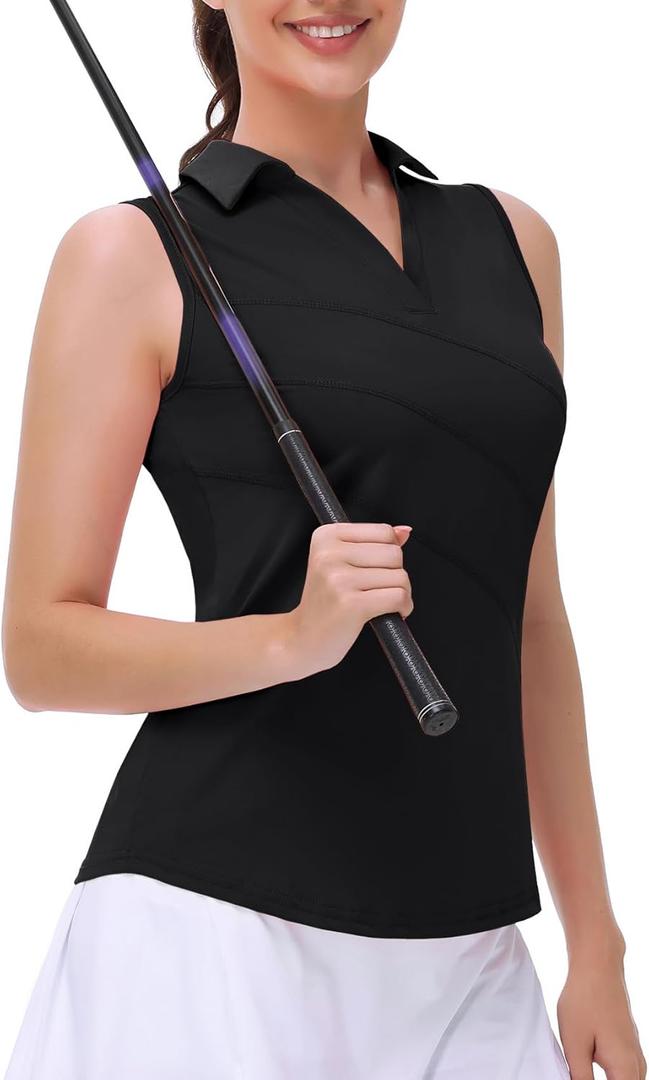 Women's Sleeveless Golf Polo Shirts Collared V Neck Tank Tops Moisture Wicking Tennis Workout Clothes Quick Dry (Black, XXL)