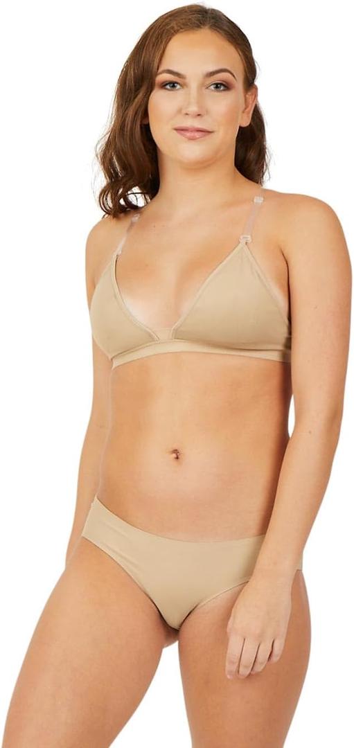 Capezio Womens Deep Neck Clear Back Bra (Medium, Nude)