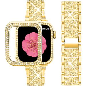 SUPOIX Compatible with Apple Watch Band 38mm + Case, Women Jewelry Bling Diamond Metal Bands & 2 Pack Protective Cover Cases for iWatch Series 3/2/1(Gold)