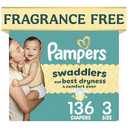 Pampers Swaddlers Diapers, Size 3 (13-26 lbs), 136 Count, Fragrance Free, Hypoallergenic, Absorbent, Pediatrician Recommended, Skin Safe