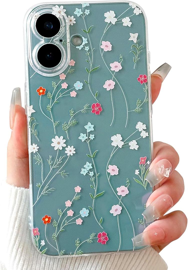 Lovmooful Compatible for iPhone 16 Case Cute Clear Flower Floral Color Design for Girls Women Soft TPU Shockproof Protective Girly for iPhone 16-Twig Flower