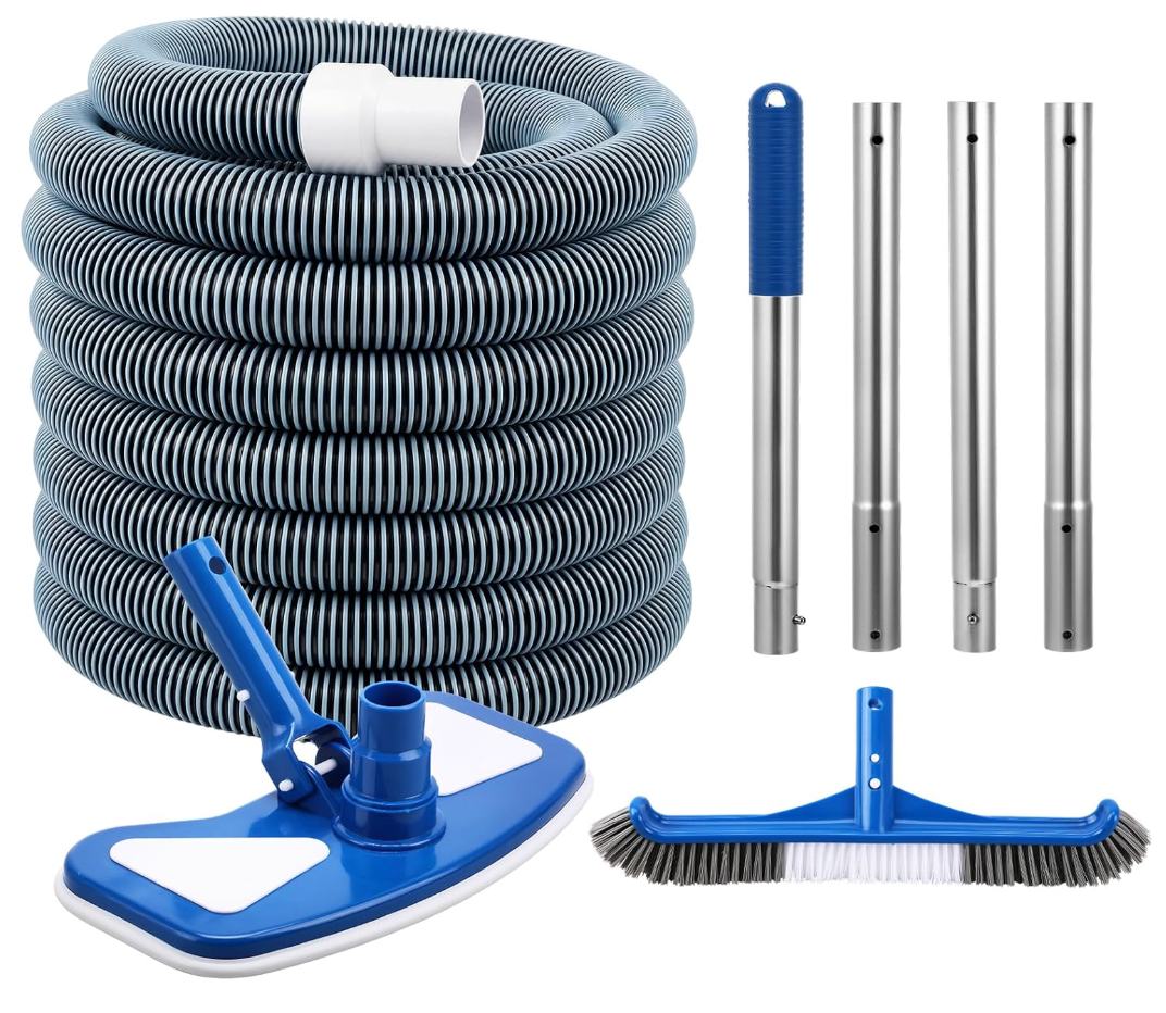 4 Pcs Swimming Pool Cleaning Kit with 1-1/2" x 30 ft Hoses | Flexible Pool Vacuum Head and 59.8'' Pole, 17.5'' Cleaning Brush, Inground Above Ground Cleaner Tool Supplies