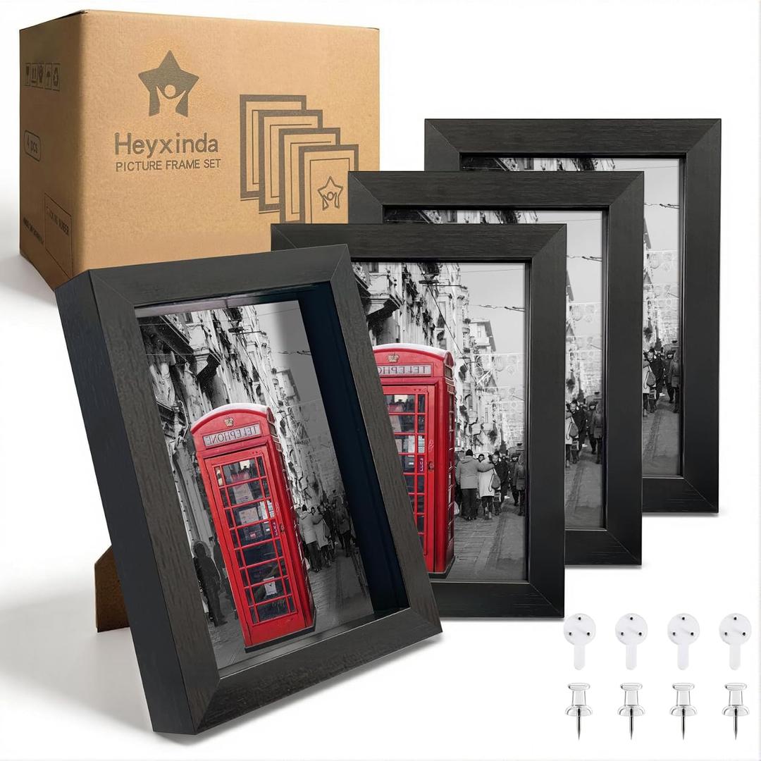 5x7 Shadow Box Picture Frames Set of 4, Black Shadow Box Frame with Linen Board, Wood Display Case with Plexiglass Front, Ideal for Memorabilia Photos Flowers Medals